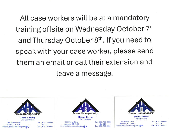 Case Worker Mandatory Training Offsite on Wednesday October 7 and Thursday October 8